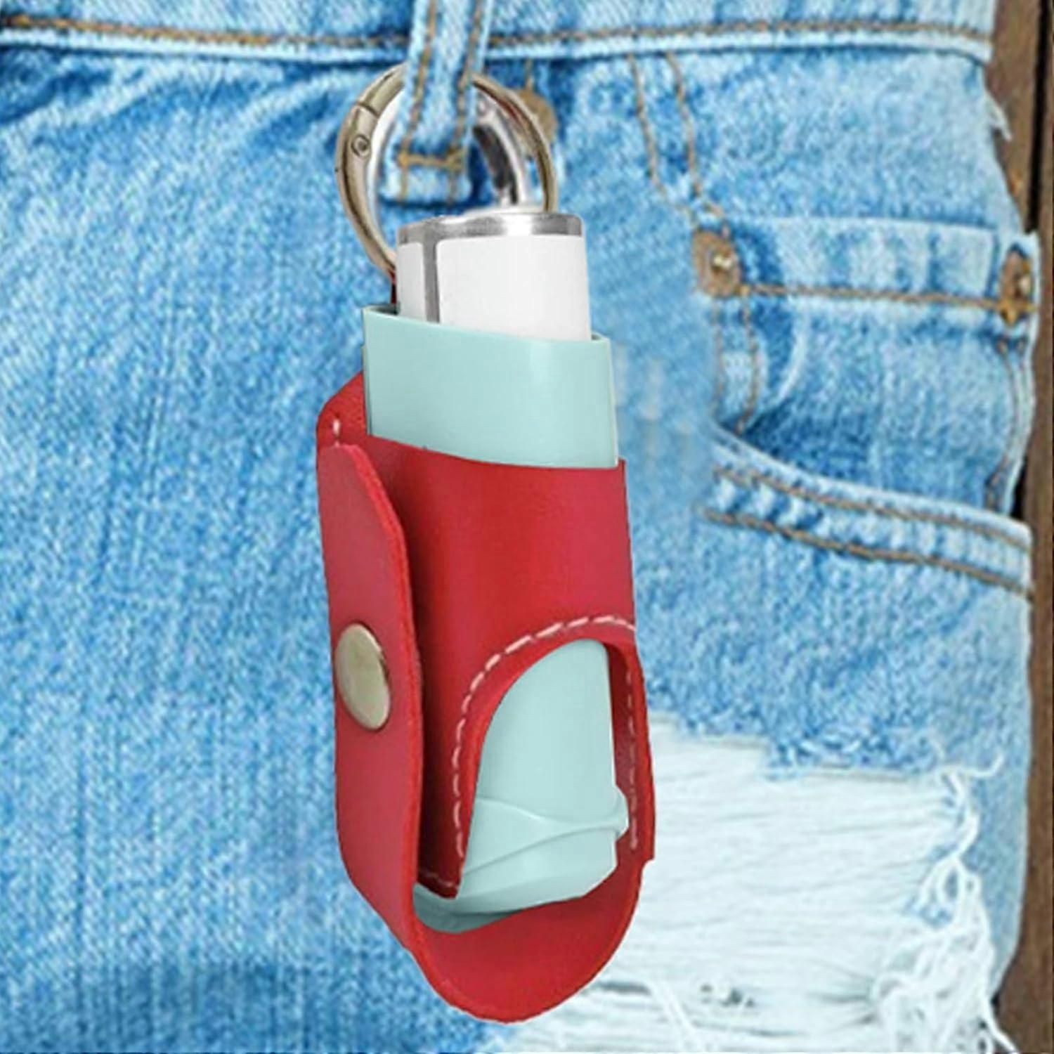 Portable Inhaler Case PU Leather Holder with Quick Access Clip for Travel, Camping, School, Red