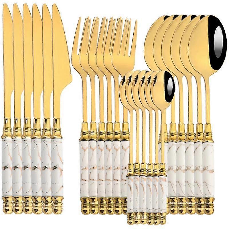 24Pcs Cutlery Set Stainless Steel Dinnerware Kitchen Fork Knife Tea Spoon Tableware Set Flatware Set Gold Silverware Set