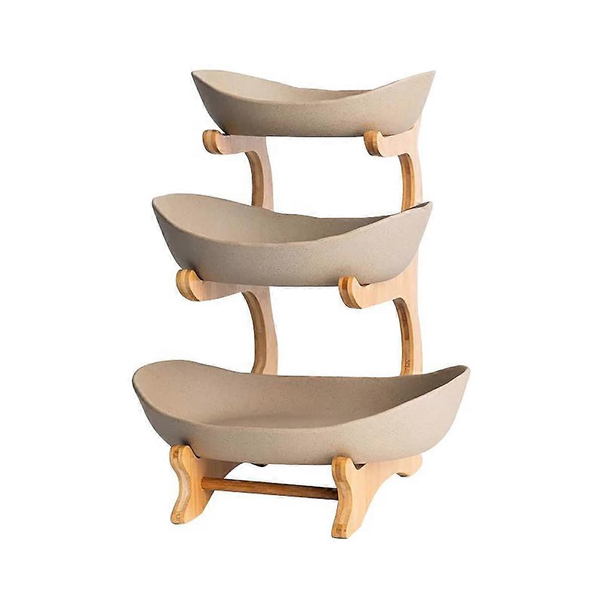 Three Tier Fruit Basket Stand with RustResistant Ceramic Bowls and Stable Bamboo Frame for Kitchen Counter Storage