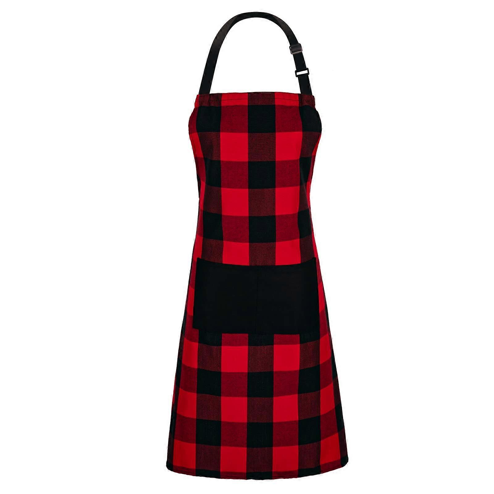 Buffalo Check Apron with Adjustable Neck Straps and Pockets, Red and Black Chef Kitchen Apron