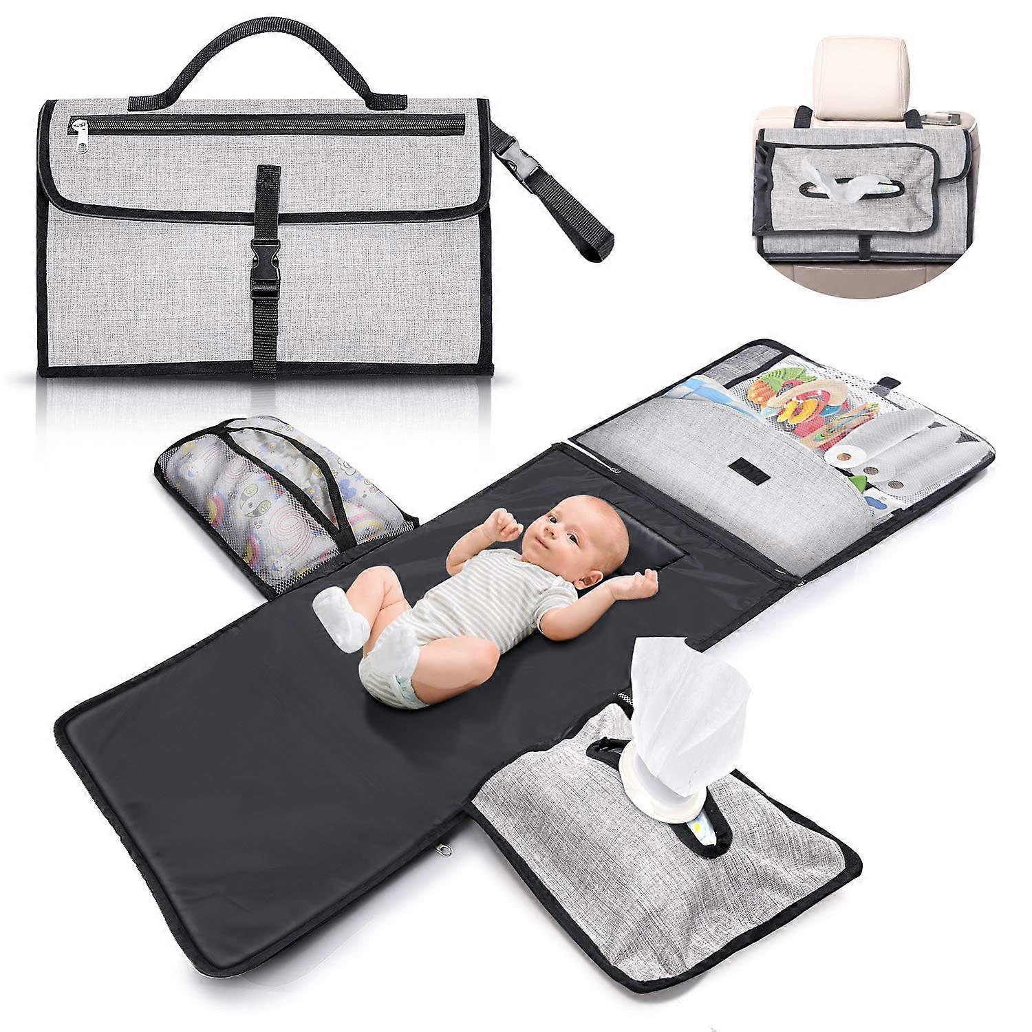 Portable Waterproof XL Baby Changing Mat with Head Cushion, 6 Pockets and Wipe Dispenser