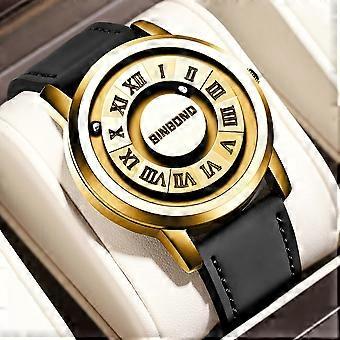 Waterdicht horloge met magnetische sluiting tot 30 meter, kleur: zwart leer - volledig goud - goud