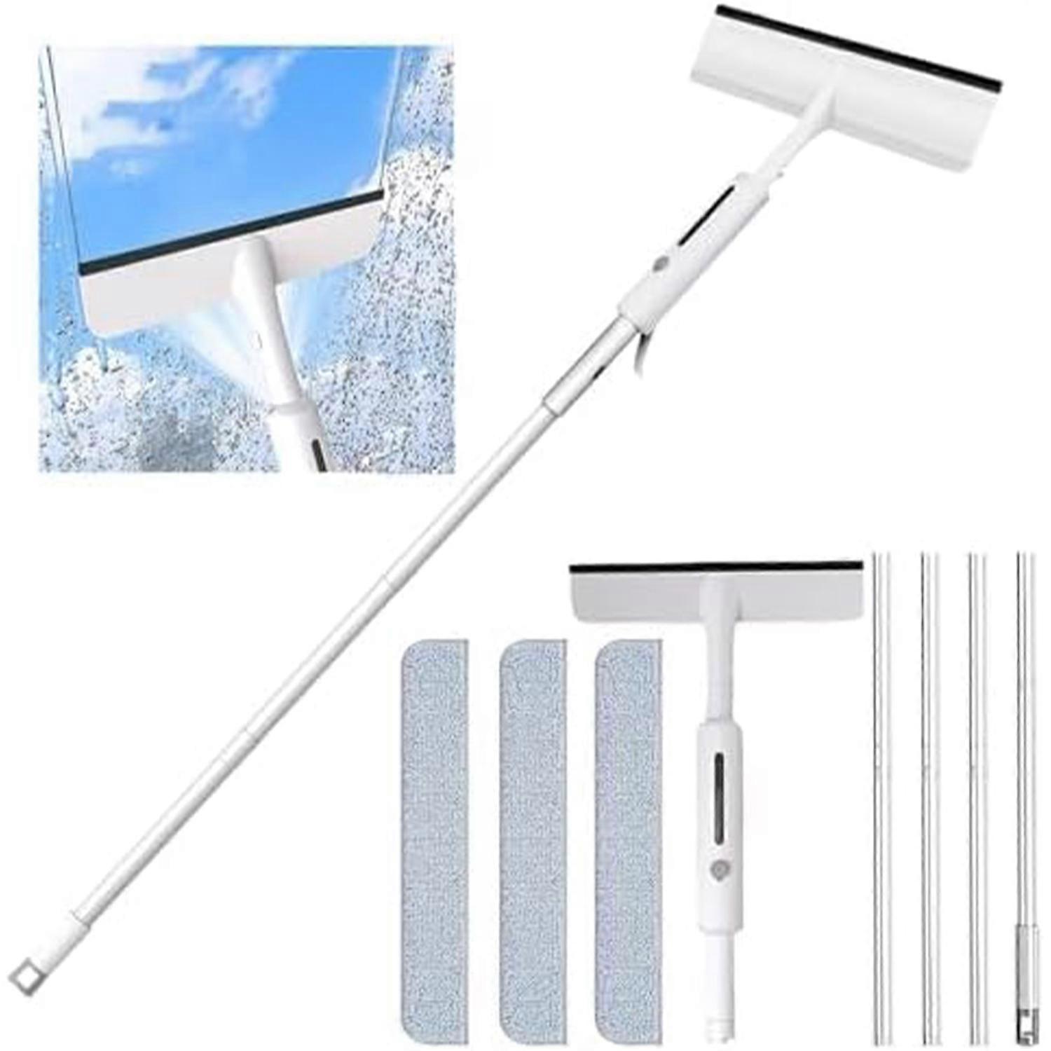 Window Squeegee with Spray Functionality, Front and Rear Dual Scrubbers Window Cleaning Tool with Adjustable Telescopic Pole and Replaceable