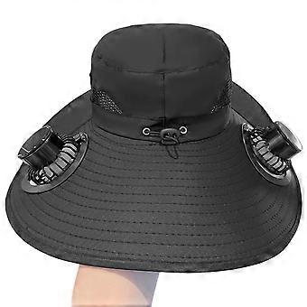 Chapeau à large bord avec ventilateur solaire intégré, protection solaire et double alimentation (solaire et USB), ajustable, idéal pour la plage, la randonnée et la pêche, noir.