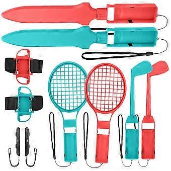 10-in-1 sportaccessoireset voor Nintendo Switch met voetbalbeenband, golfclubs, tennisrackets en zwaarden.