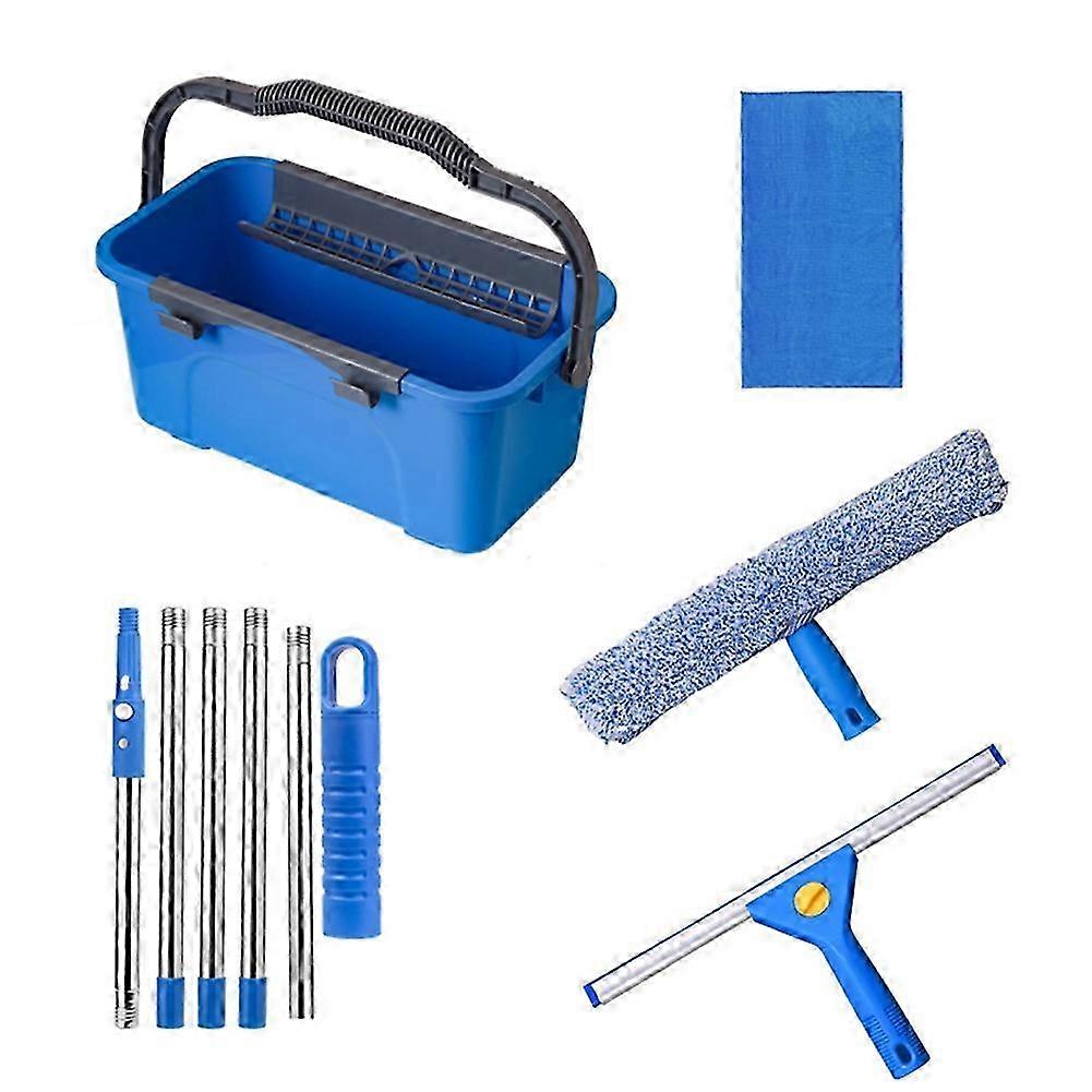 Professional Window Cleaning Kit with Bucket Long Handle Window Squeegee and Microfiber Scrubber