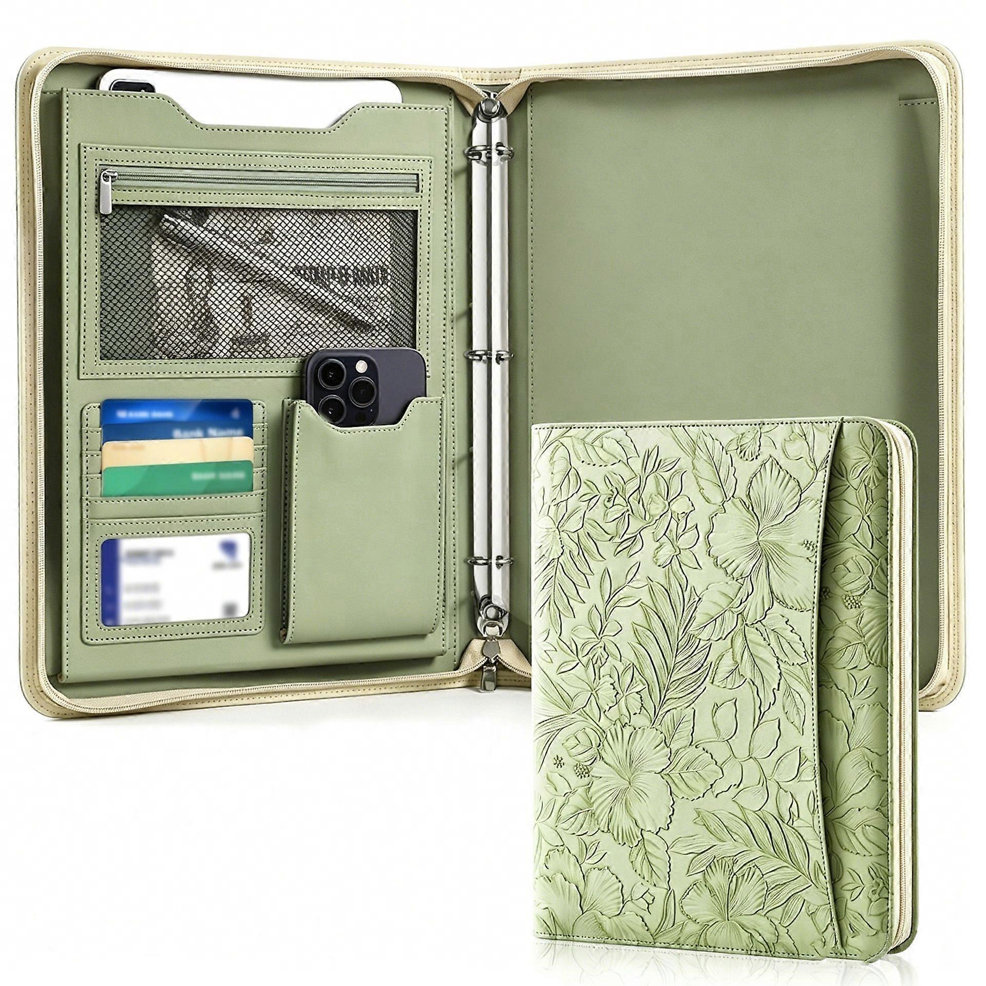 A4 Leather Multi function Zippered Portfolio Folder 3 Green Cover