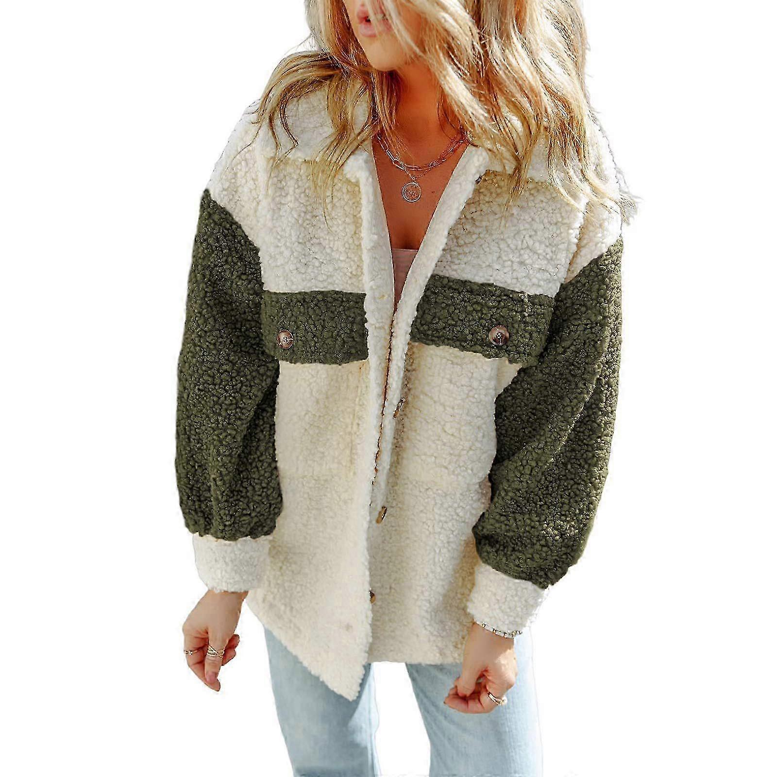 Warm Oversized Army Green Button Jacket Soft Long Sleeve Coat with Pockets Size S