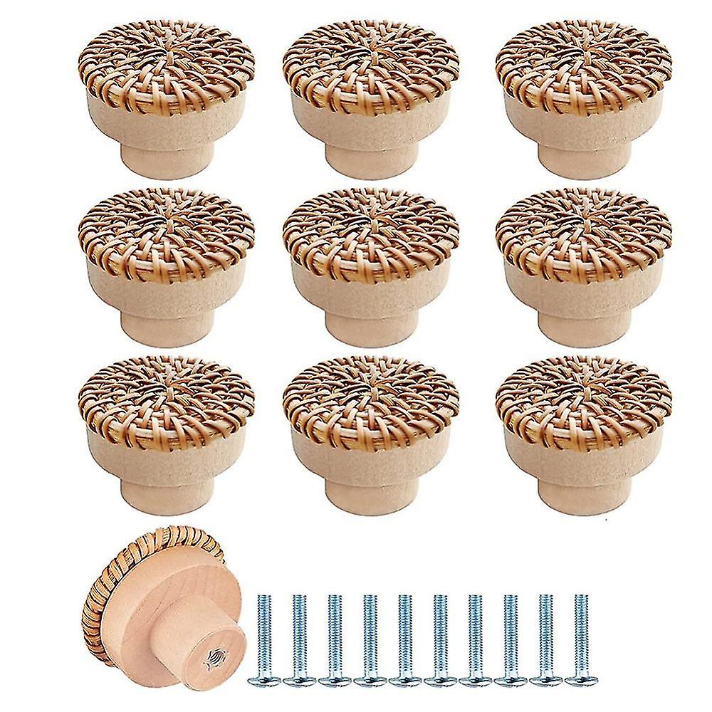 10pcs Boho Rattan Dresser Knobs, Round Wooden Drawer Knobs Pulls For Boho Furniture Decorative, (10