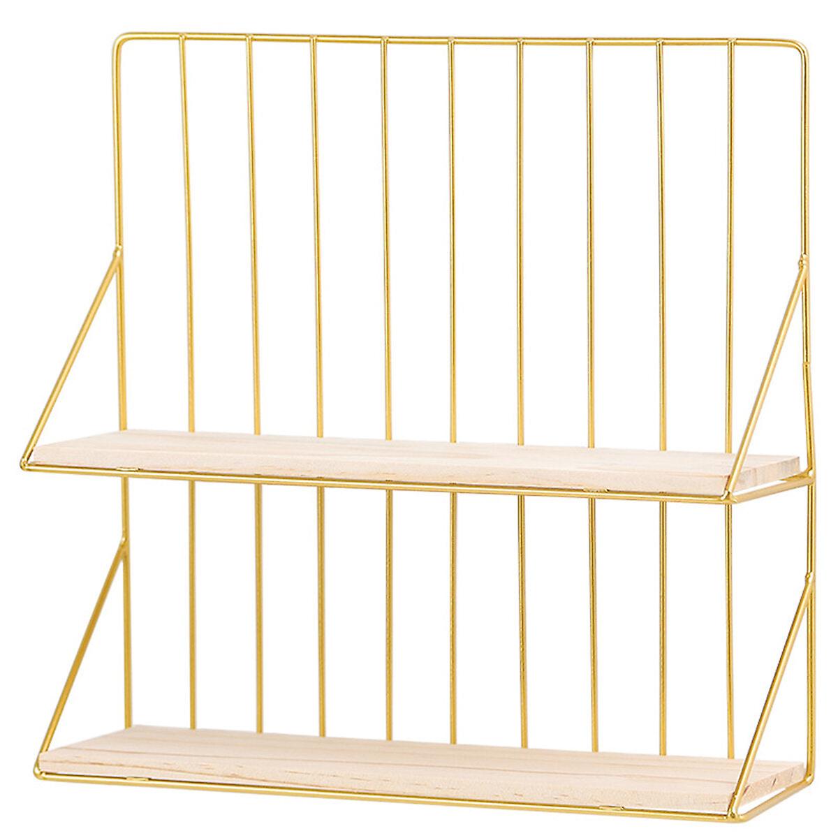 Double-layer Storage Shelf Rack Iron Frame Decorative Wall Hanging Storage Wood Shelf Craft Display Organizer