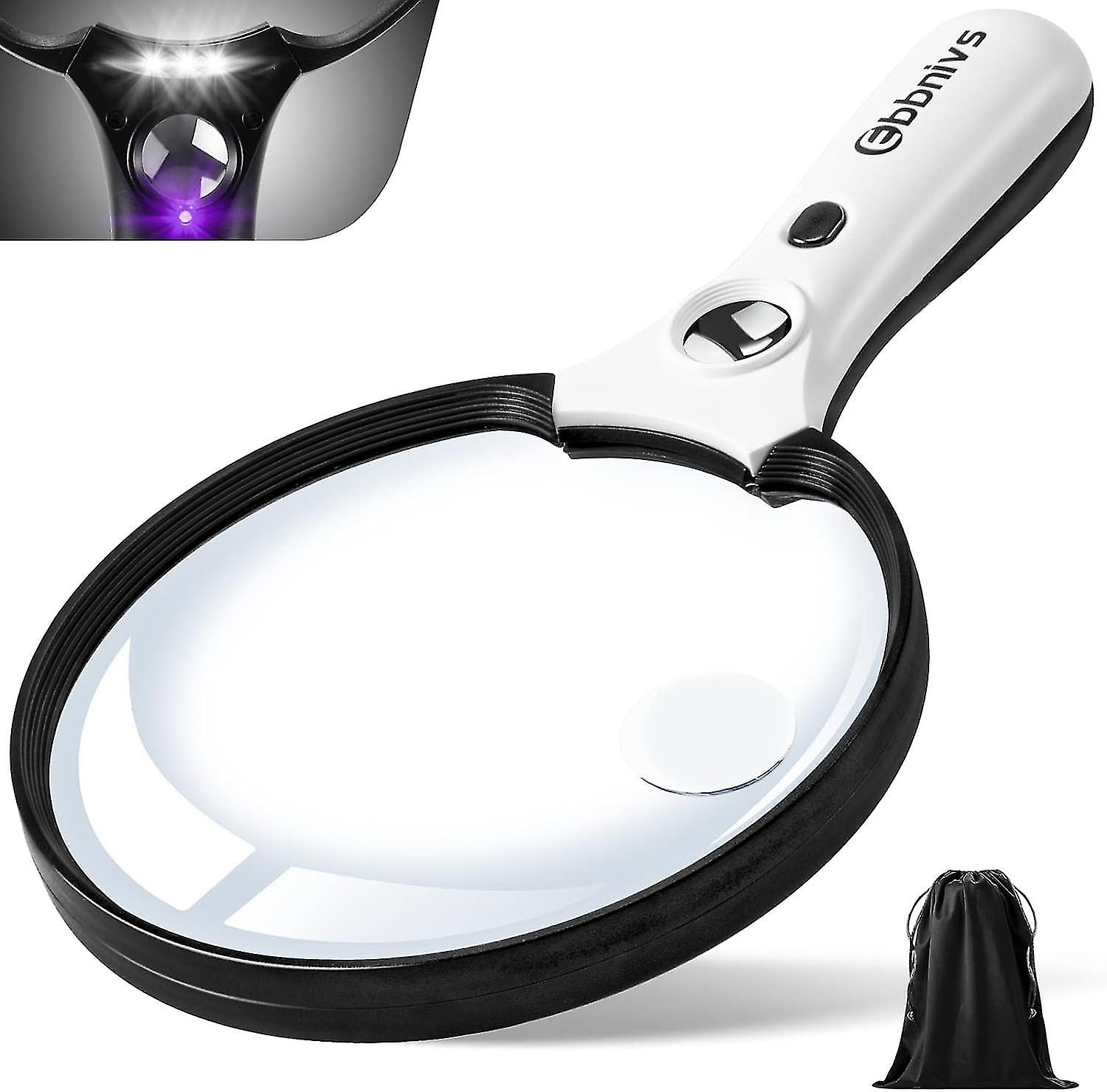 Large Magnifying Glass with Light, 10X 20X 45X Handheld with 3 LED Lights 1UV Light Storage Bag Clea
