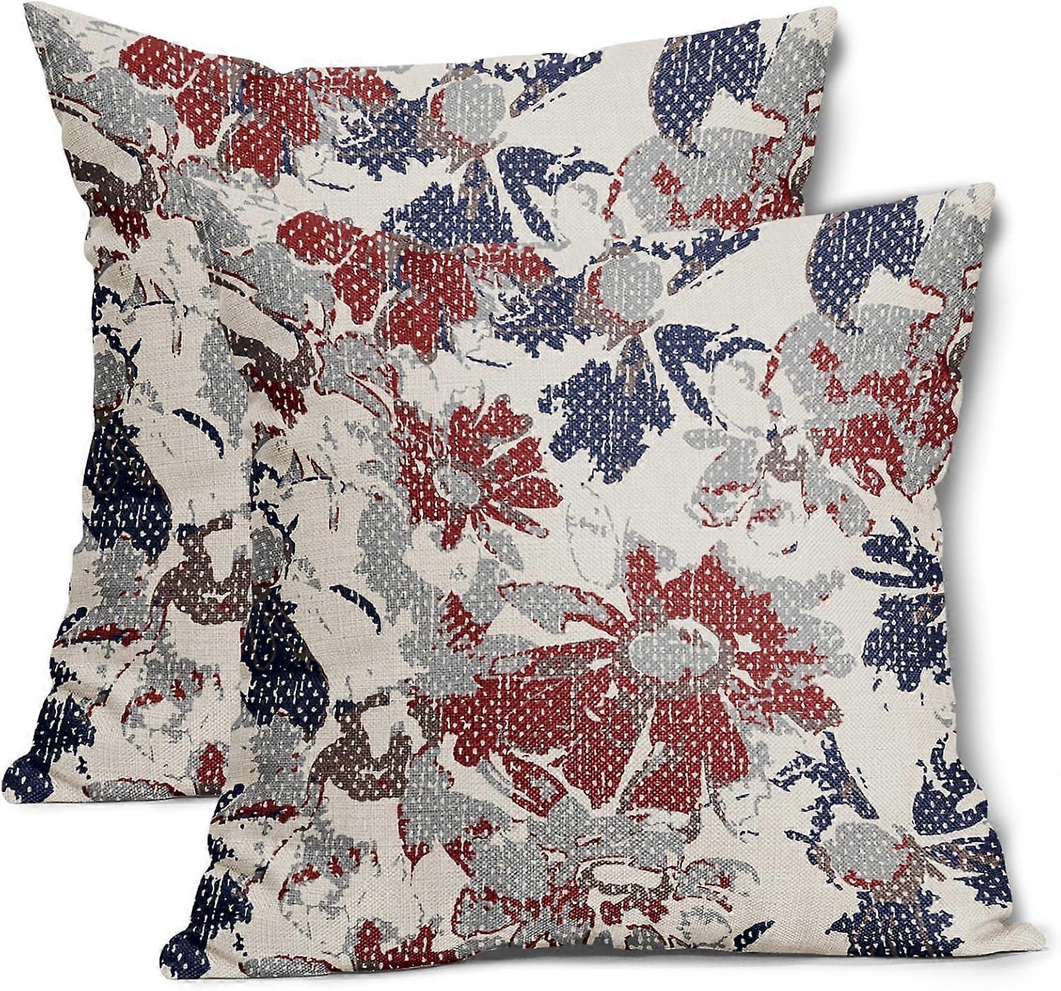 Mavi ve Kırmızı Papatya Yastık Kılıfları 16x16 İnç Vintage Çiçekli Çiftlik Çiçekleri Pamuk Keten Dekoratif Atma Yastık Kılıfı Yastık Kılıfı Yatak için 2'li Set