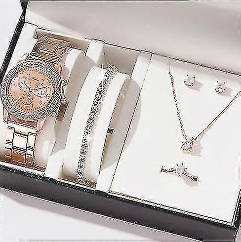 6 db-os ajándékkészlet női karóra gyűrű nyaklánc fülbevaló strassz ékszer szett karácsonyi Valentin-napi ajándék