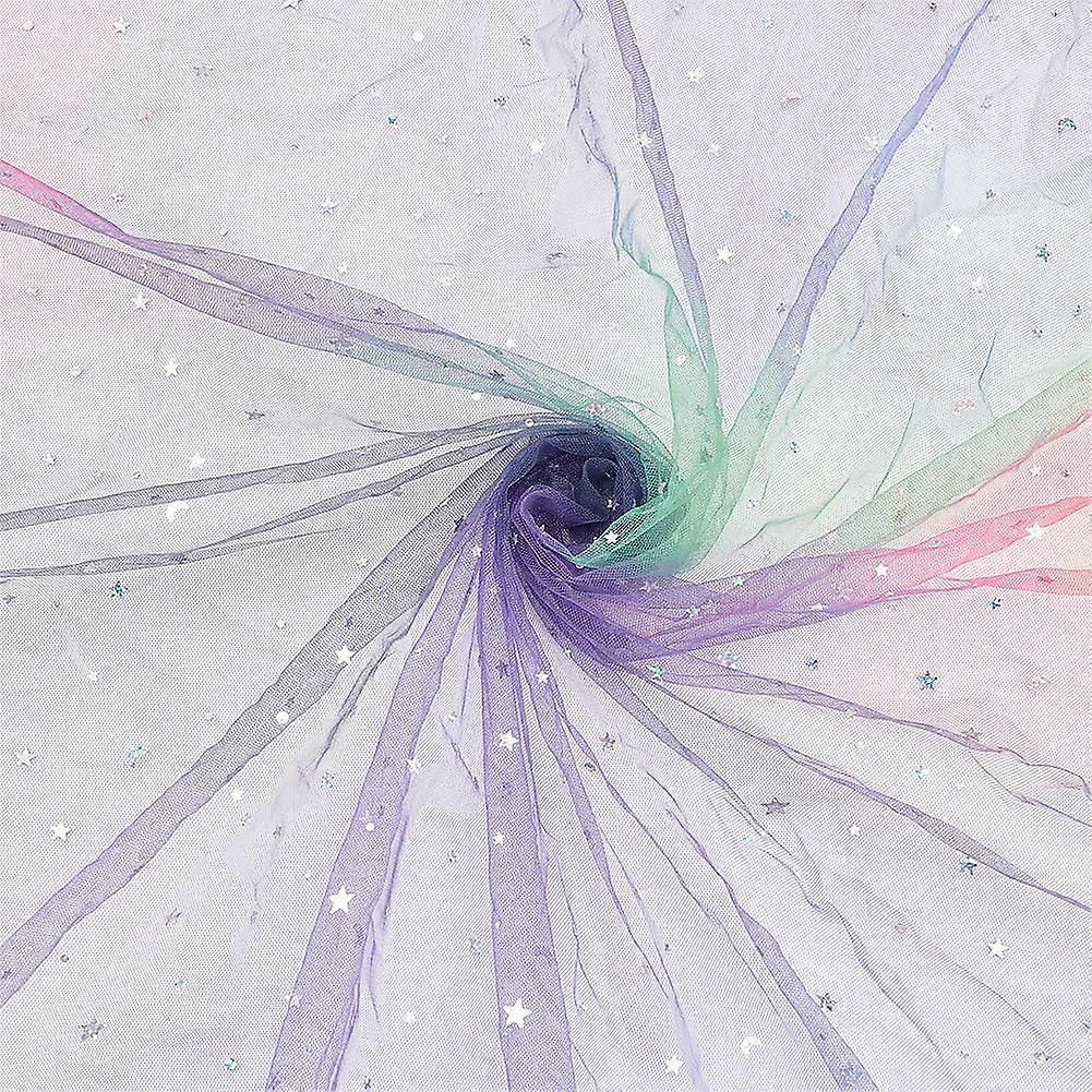 2x1.75 Yards Net Tulle Mesh Lace Fabric Rainbow Sparkling Tulle Gauze Fabric Tie Dye Silver Star Mesh Tulle Fabric Glitter Star Moon Sequin Net Yarn T