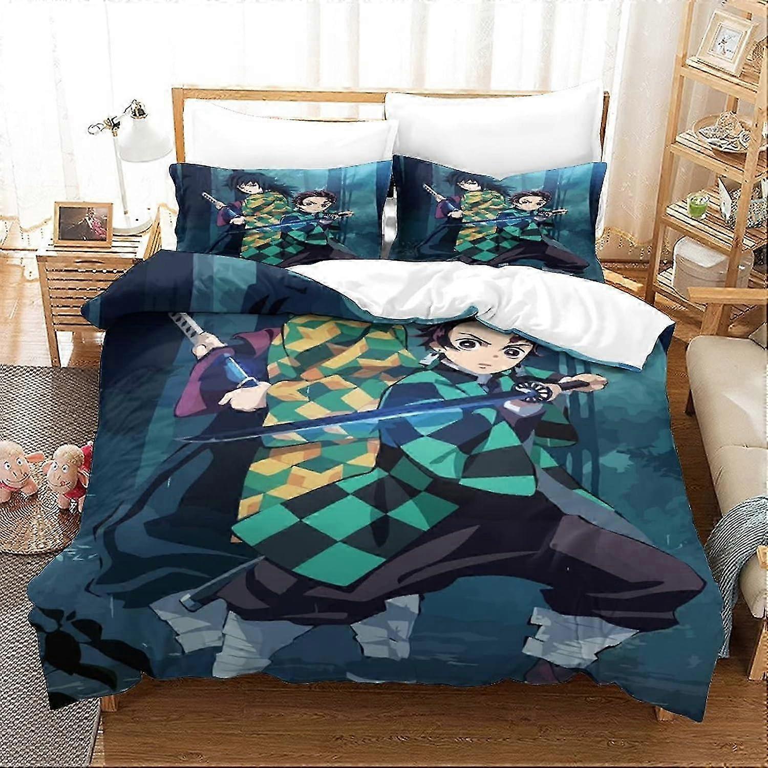Ghost Slayer Printing Anime Characters Microfiber Bedding Set with Duvet Cover and Pillowcases, Suitable for Single Boys and Girls 135*200 CM