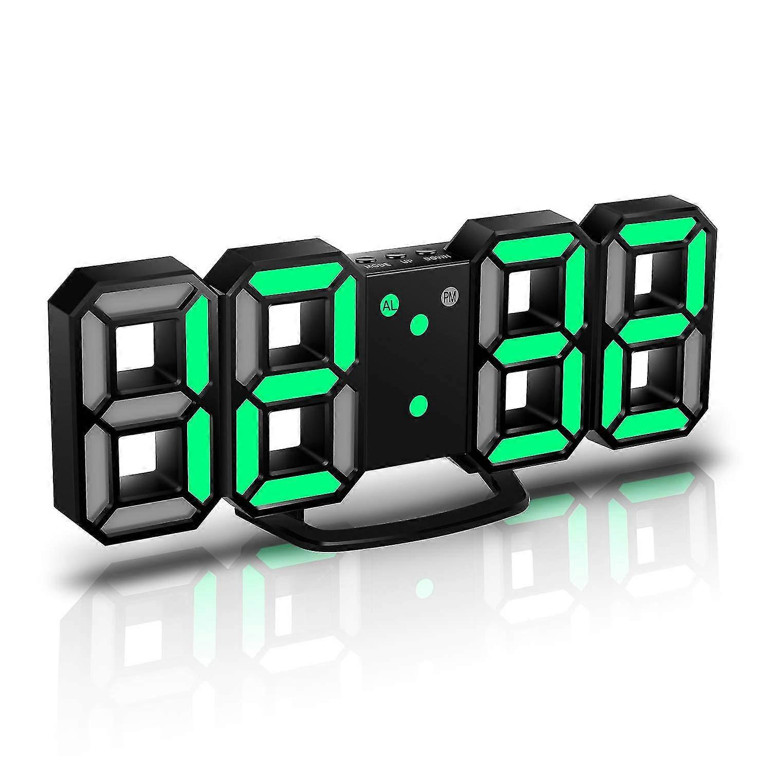 3d Led Digital Alarm Clock, With 3 Adjustable Brightness Levels, Dimmable Night Light Function-green