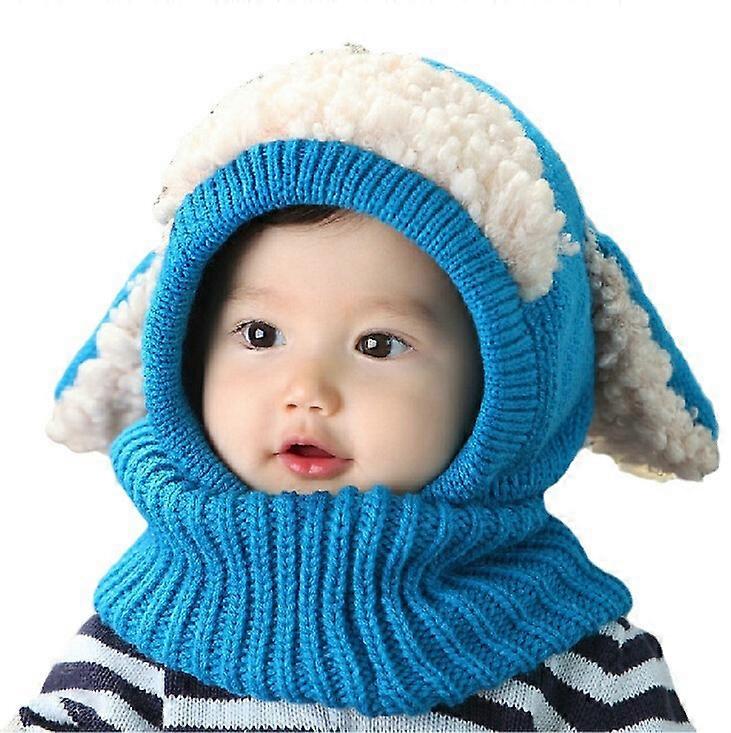 1 cute ears wool hat muffler poncho for kids keep warm Gift fo blue