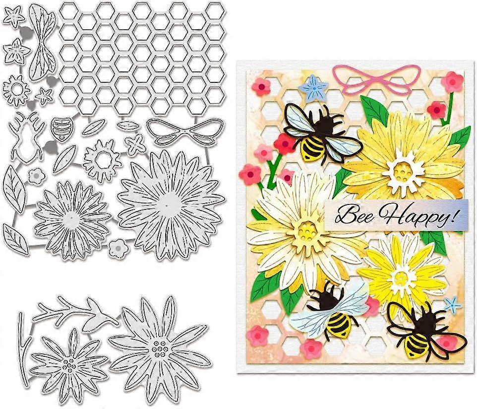 2pcs Bees Cutting Dies Honeycomb Daisy Stencils Flowers Leaf Decorative Embossing Stencils for Scrapbooking Photo Album Greeting Card Making 0.8mm Thi