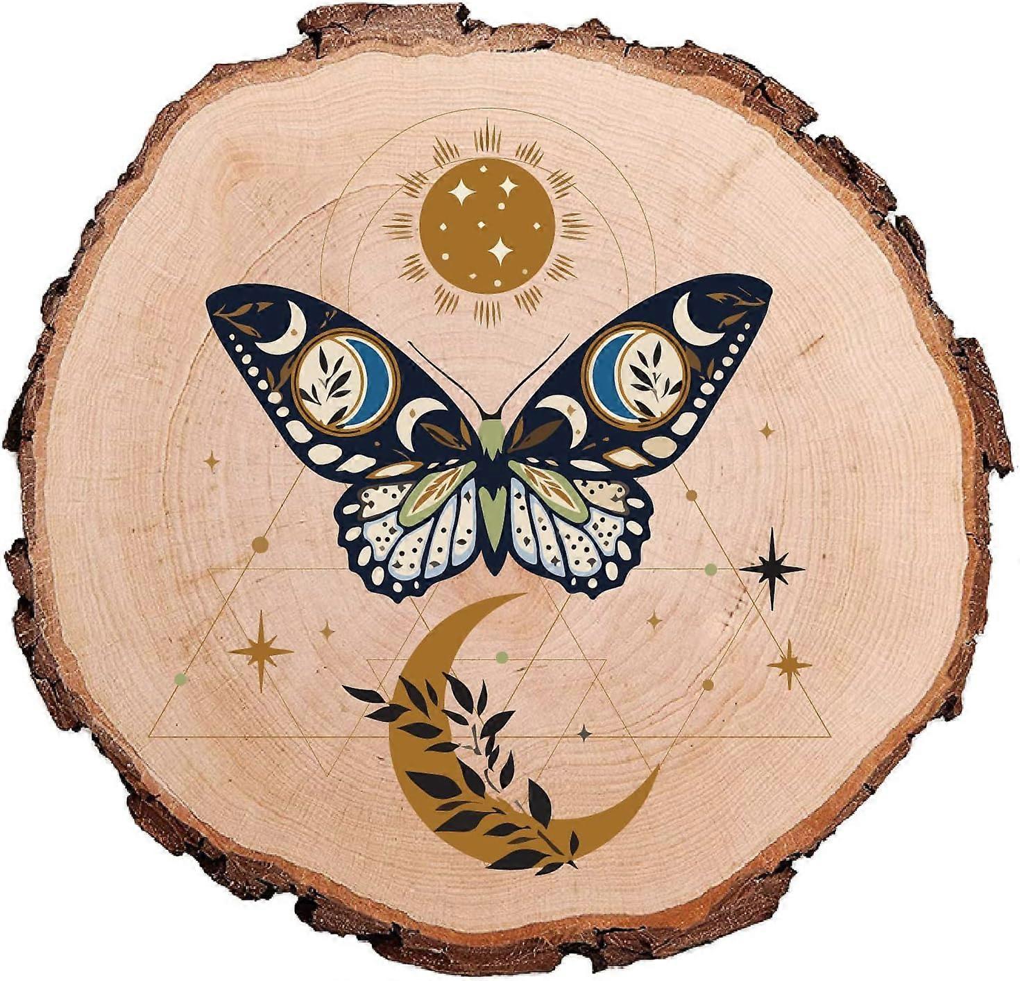 Butterfly Moon Sun Natural Round Wood Slices 4.3 Inch Wooden Undrilled Rustic Centrepiece Circular Tree Trunk Discs Log Coaster Home Party Display Dec