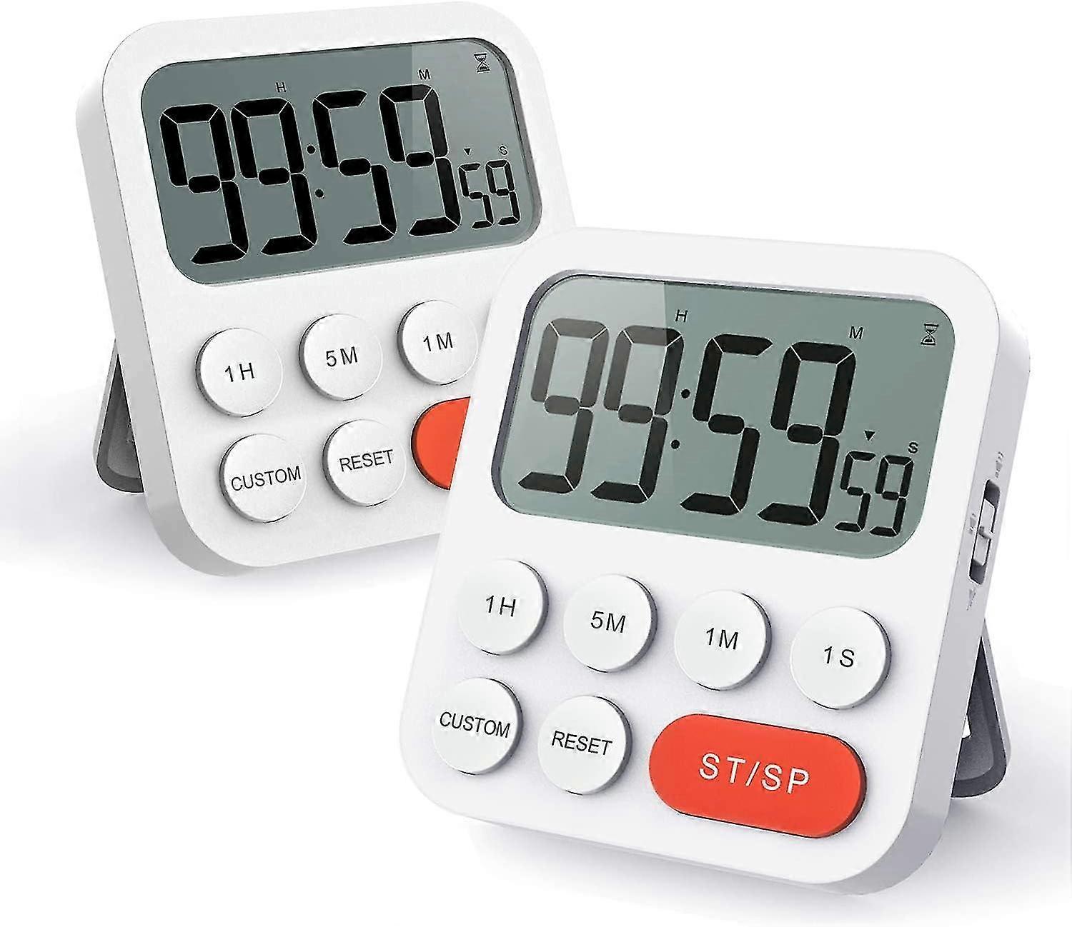 Kitchen Timer -2 Pcs, Kitchen Timer With Digital Clock Function, Quick Setting, Custom Mode, 3 Adjustable Volume Levels, Strong Magnetic Back (include