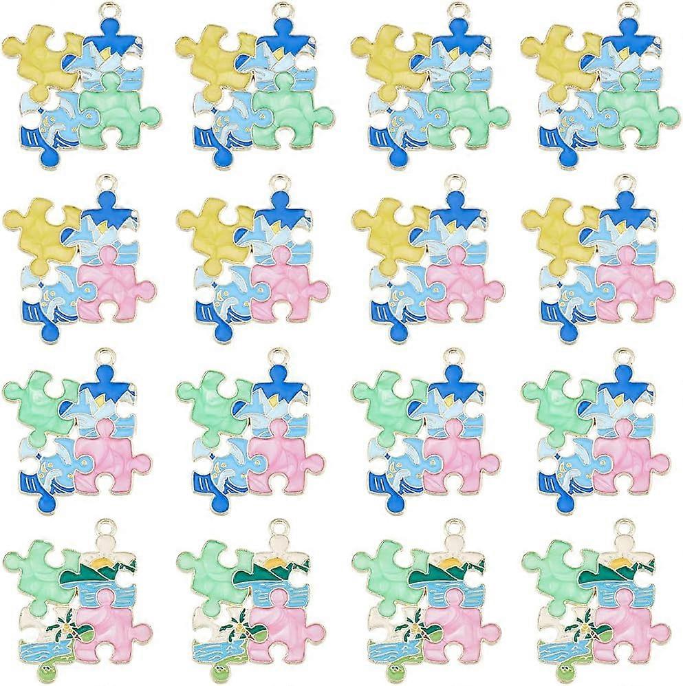 24Pcs 4 Colors Golden Plated Alloy Enamel Pendants Puzzle Shape Colorful 33x29x1.2mm Hole: 1.8mm 6pcs/color