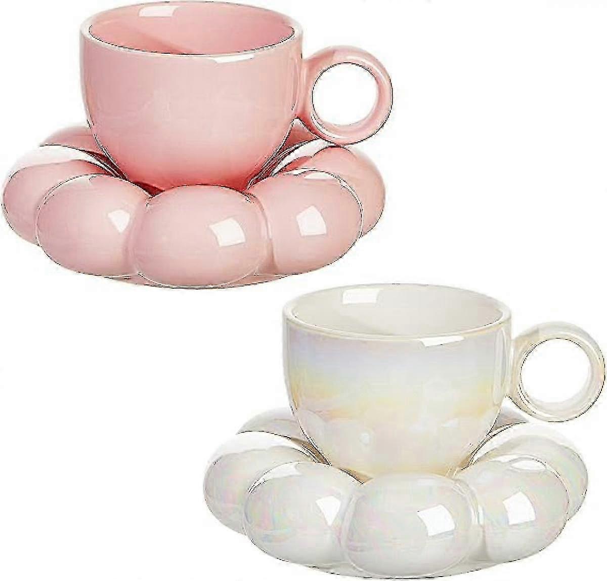 2ピース セラミッククラウドマグ かわいいカップ ひまわりコースター付き 7オンス かわいいセラミックコーヒーマグ ソーサーセット オフィス ホームコーヒー用