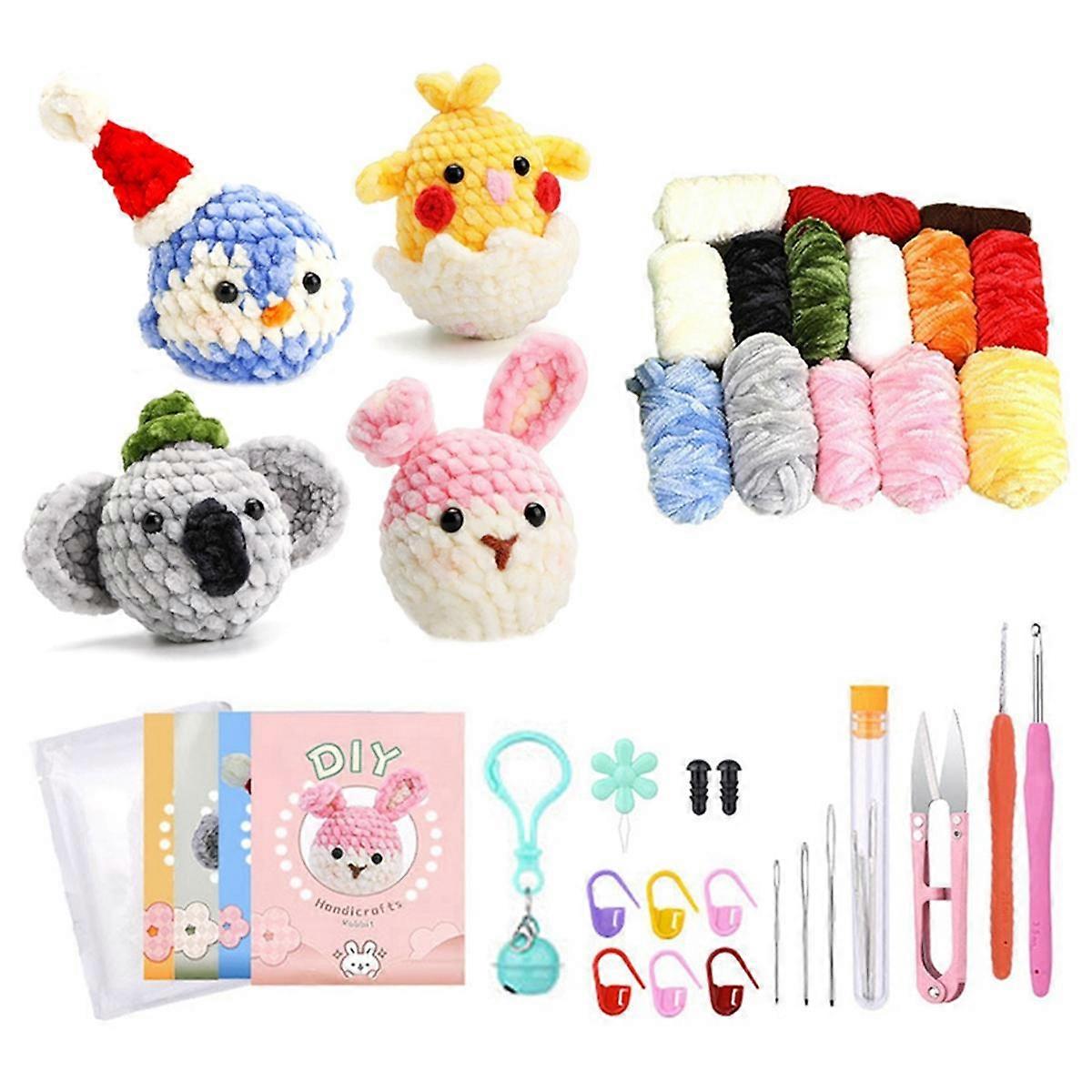 Complete Crochet Kits for Beginners,DIY Penguin,Bunny,Chicken,Wombat Kit with Knitting Markers Chenille Ball,Instruction