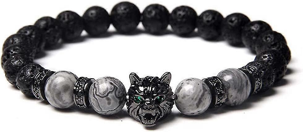 Wolf Head Obsidian Stone Beaded Bracelet Chain Elastic Retractable Viking Bracelet For Men Boyfriend Gift(1)