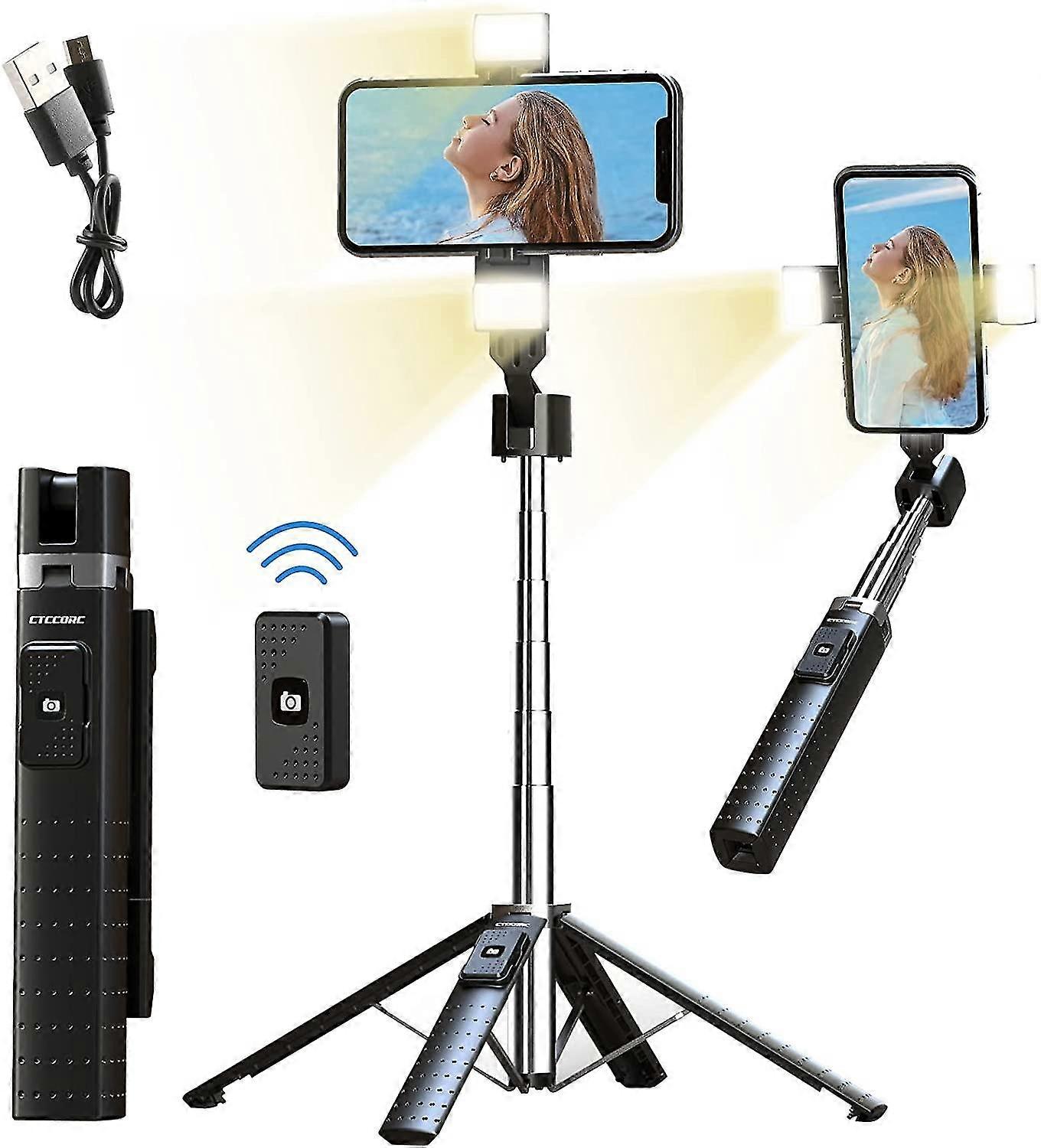 Selfie Stick Tripod With Remote Wireless Bluetooth And 2 Lights, Extendable, Universal Ios Android
