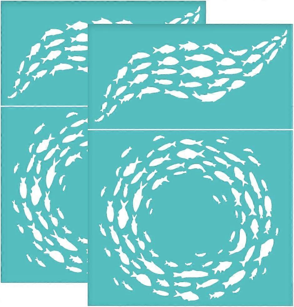 2Pcs Fish Self-Adhesive Silk Screen Printing Stencil Shoal of Fish Silk Screen Stencil Circle of Fish Reusable Mesh Stencils Transfer for DIY T-Shirt