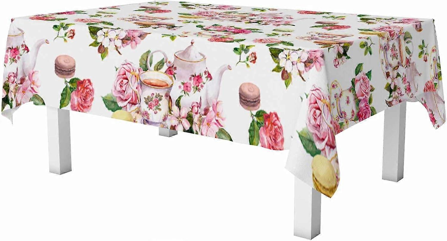 Tea with Flowers Rectangle Table Cloth Cherry Blossom Rose Flower Tea Cups and Macaroon Cakes Wipeable Waterproof Tablecloths Table Cover for Party Pi