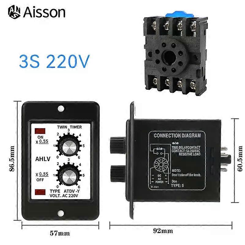 Fsw ATDV-Y Dual Time Relay Adjustable Repeat Cycle Timer ON OFF 3S/6S/12S/30S/60S/3M/6M/12M/30M/60M 220V Twin Timer With Socket Base