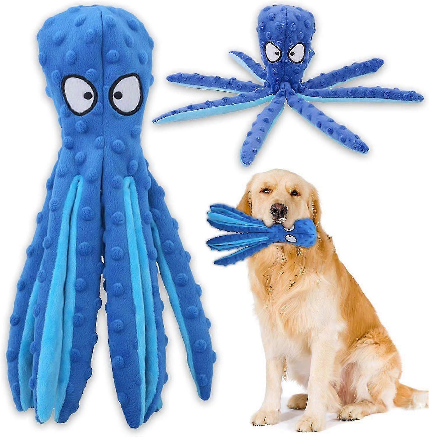 Squeaky Dog Interactive Toy, No Stuffing Octopus Dog Chew Toy with Crinkle Paper, Suitable for Medium and Large Dogs to Play (Blue)
