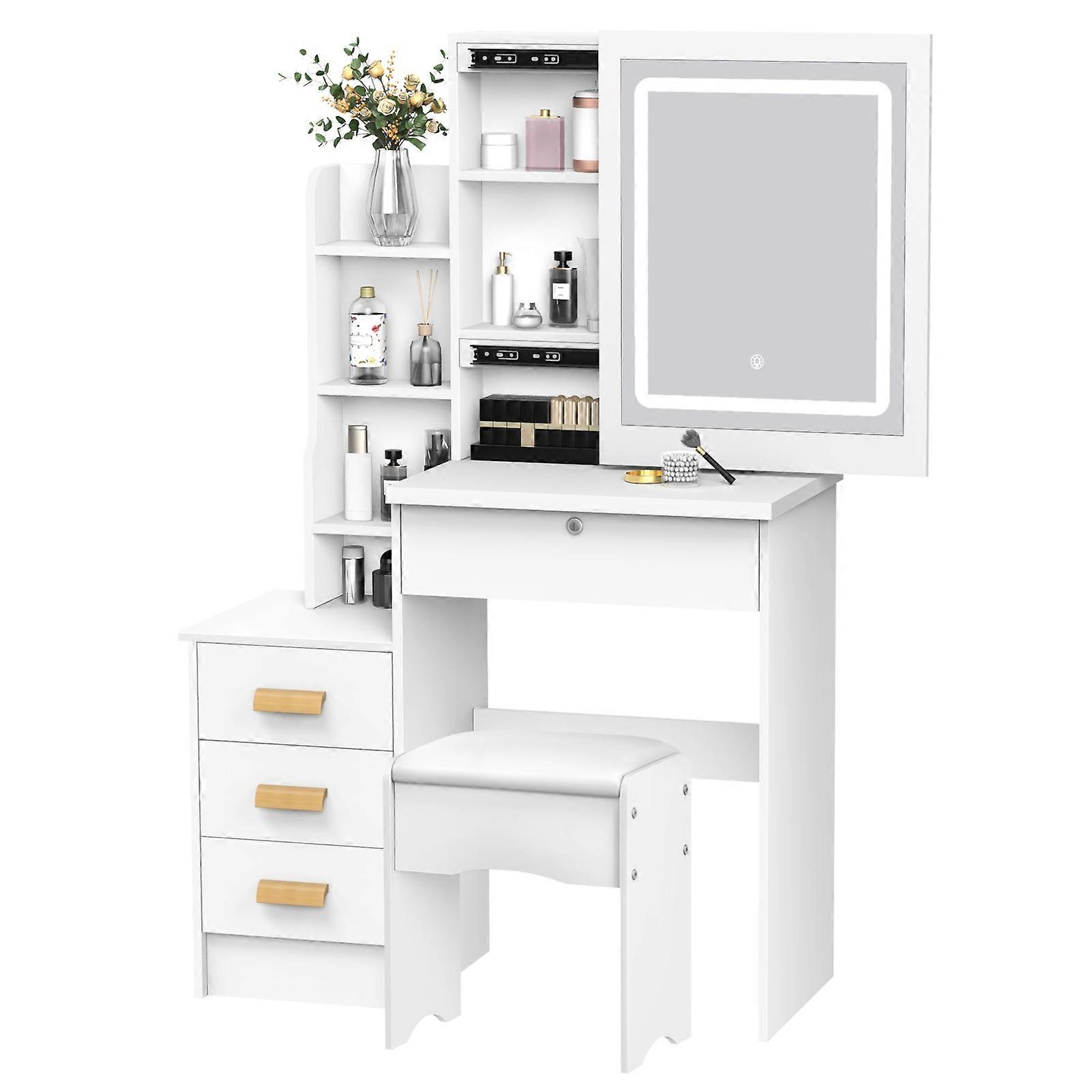 Vanity Desk with Sliding Lighted Mirror, Drawers & Shelves, Hidden Storage Space
