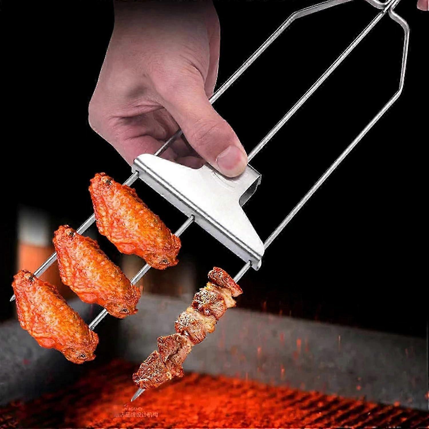 unique 3 Way Grill Skewers, 3-Prong Skewer 3 Way BBQ Grilling Skewers, Easy to Use Push Bar Slider BBQ Grill Skewers for Outdoor