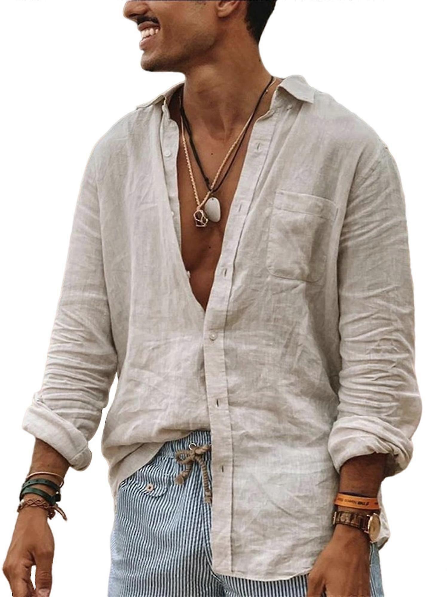 Mens Linen Shirt Long Sleeve Cotton T-shirt Loose Fit Lightweight Beach  Yoga Tops