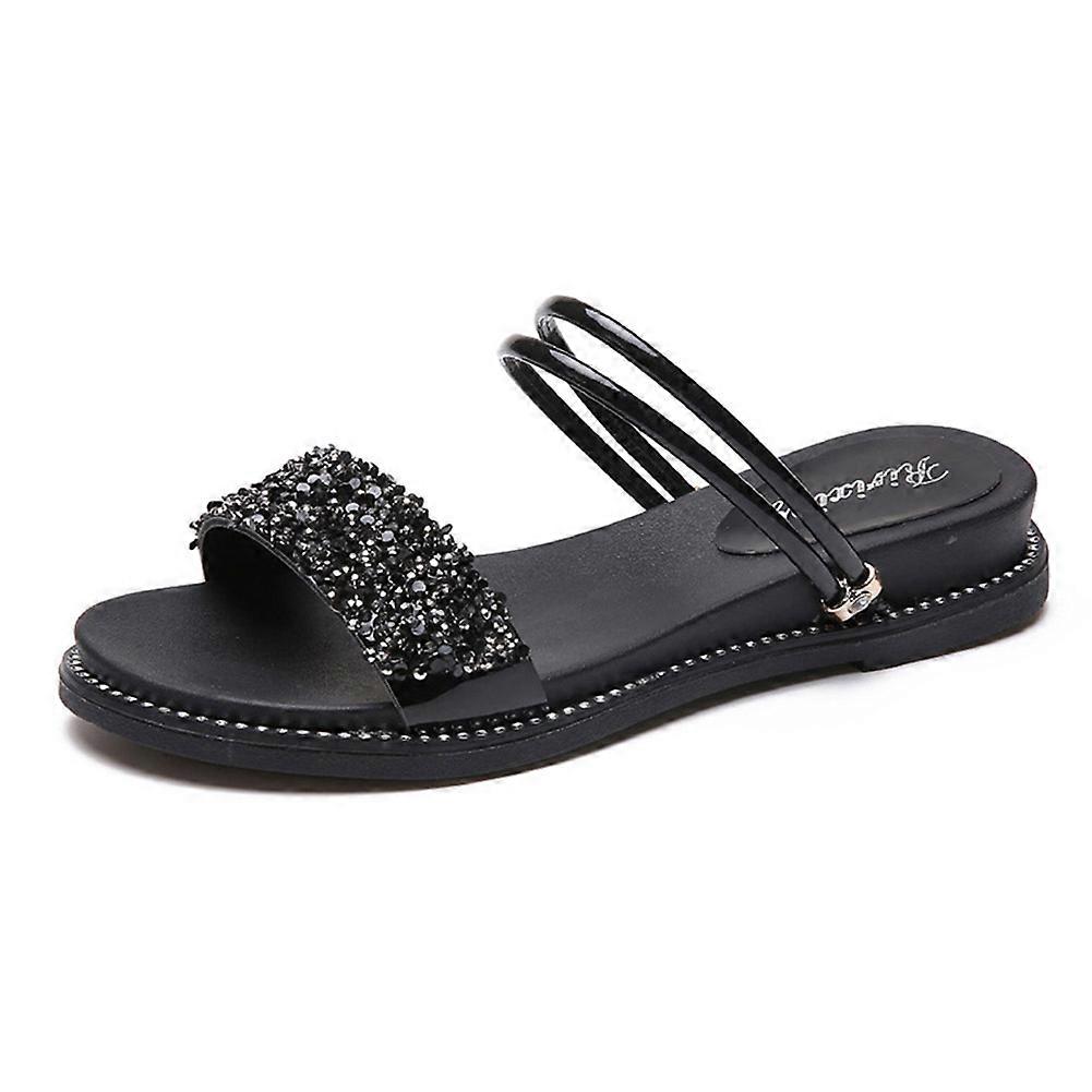 Stylish Women Summer Word Slippers Shiny Sequins Non-slip Flat Shoes with Two Wearing