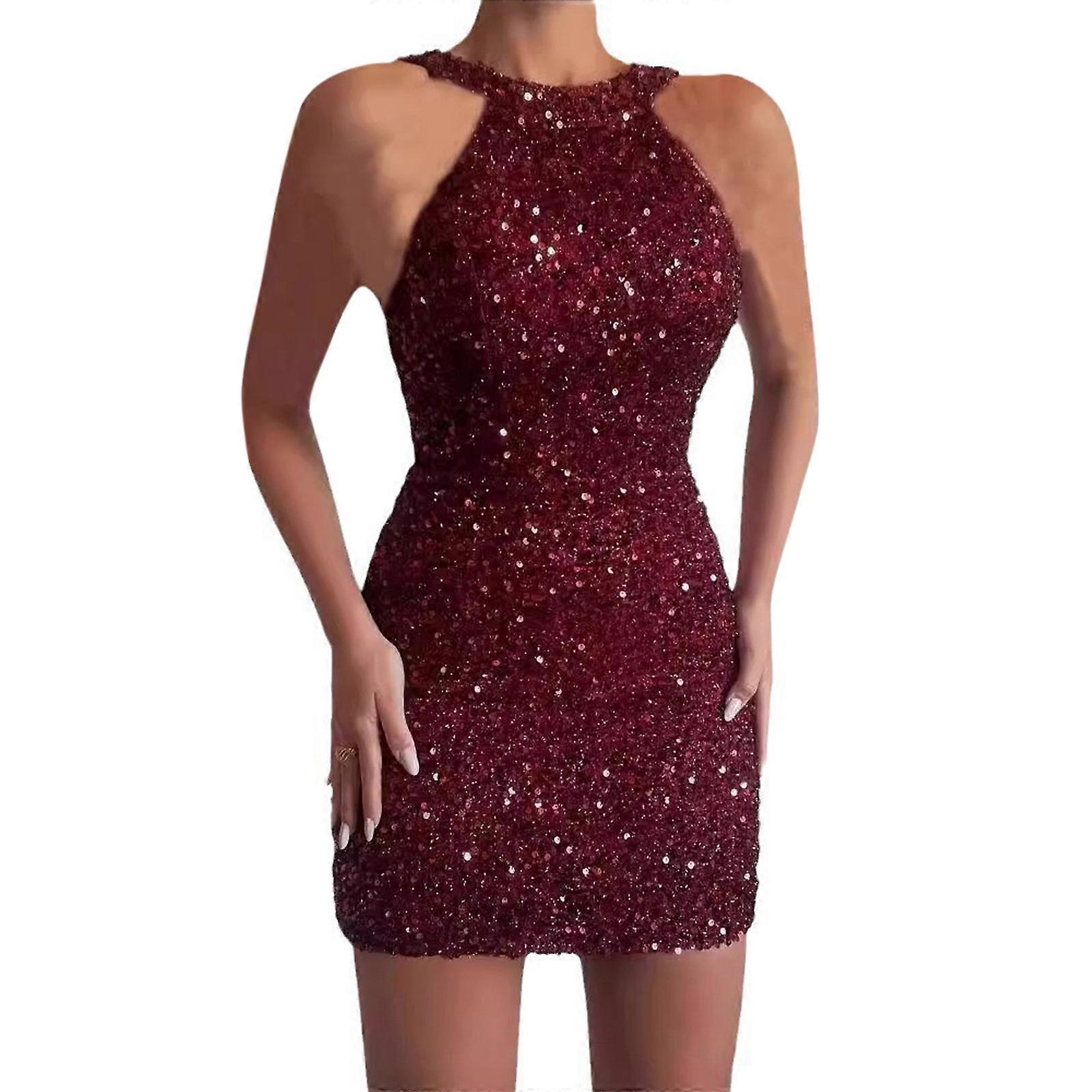 Elegant Sleeveless Sequined Cocktail Party Bodycon Dress Wedding Guest  Dresses Polyester Evening Dress Burgundy L | Fruugo UK