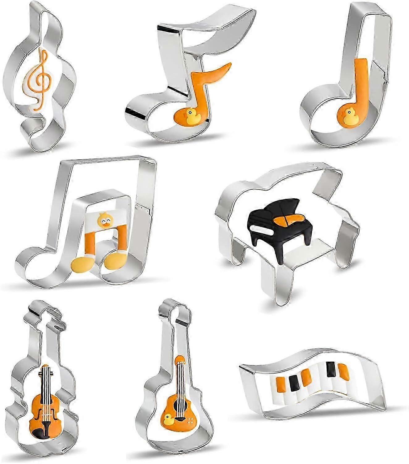 Music Note Cookie Cutter Shapes Set - 8 Pieces Stainless Steel Metal G Clef, Eighth Note, a Quarter Note, Piano, Violin, Guitar, Piano Keyboard Musica