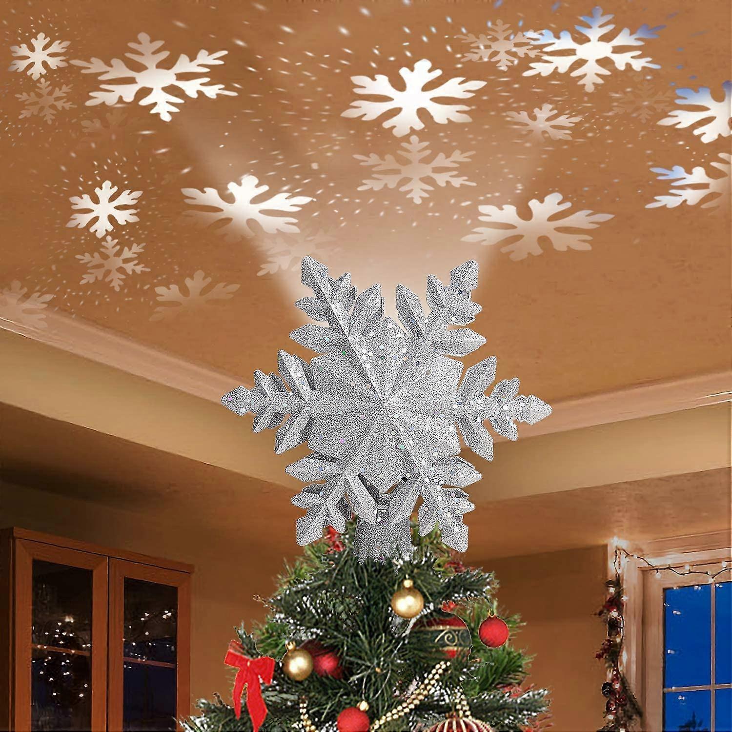 Christmas Tree Topper with Lighted Silver Snowflake Projector for Christmas Tree Decorations