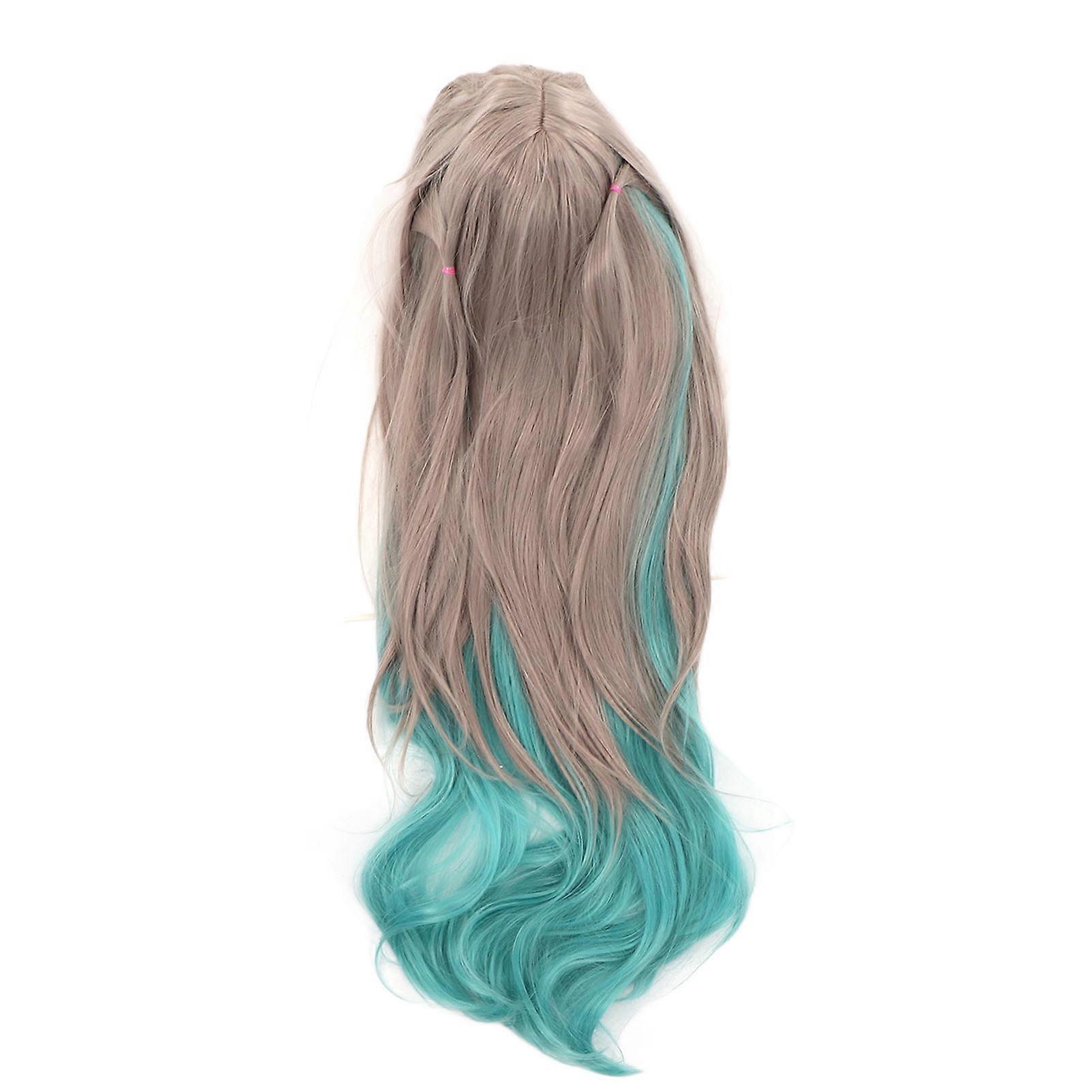 Long Wavy Wig Synthetic Adjustable Long Curly Wig with Bang for Cosplay Gray Gradient Green