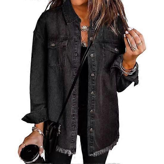Women Denim Coat with Breast Pockets Turn-down Collar Washed Single-breasted Pure Color Wipped Edge Loose Cardigan Long Sleeve Jacket