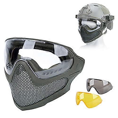 Airsoft Paintball Hunting Dual Mode Tactical Gear Upgrade Steel Mesh Half Mask Military War Game Protective Mask/Green/21.5 x 17.5 x 14.5cm