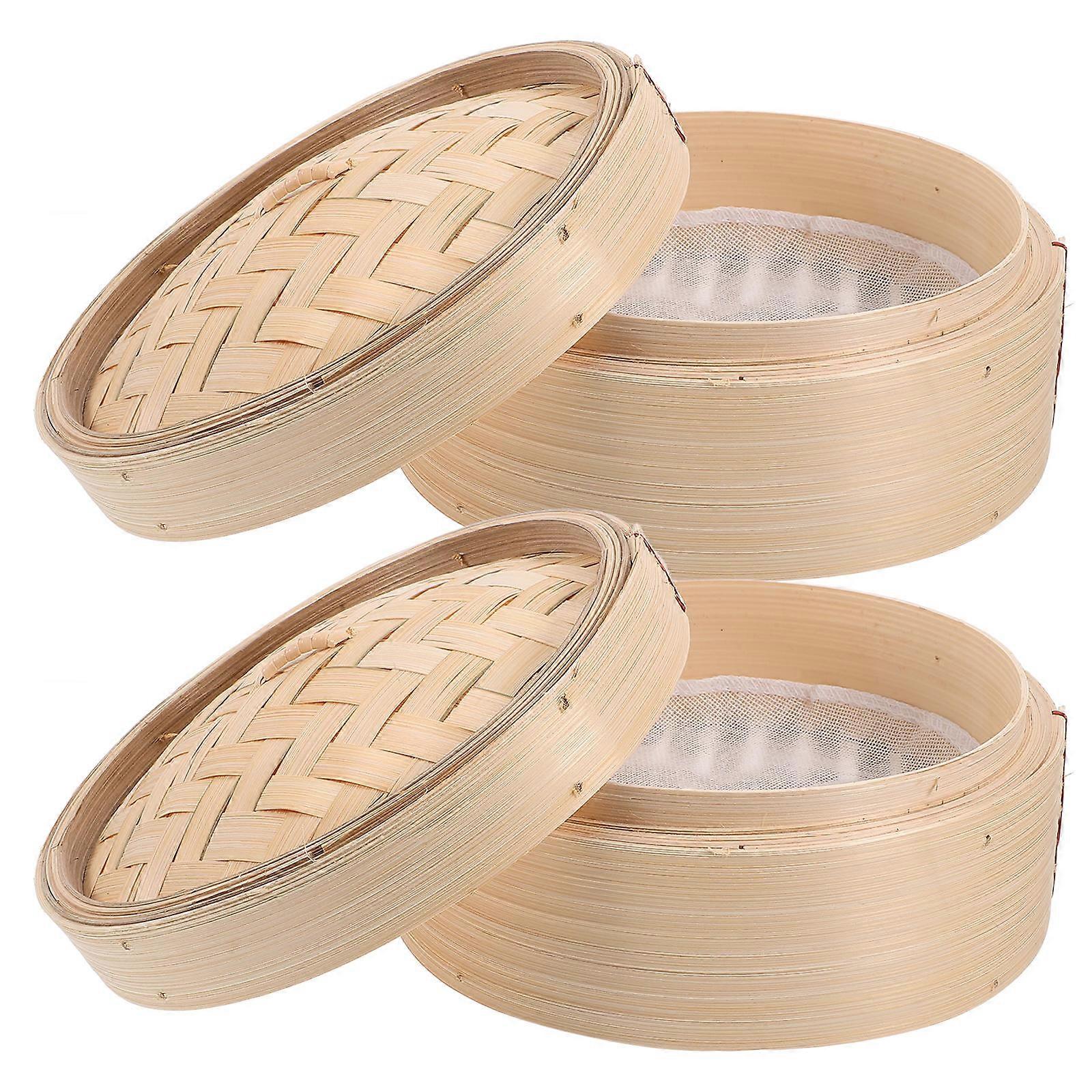 Chinese Steamer Bamboo For Cooking Dim Sum Cookers Khaki 8 Inch Round Nutrient Sealing 2Pcs