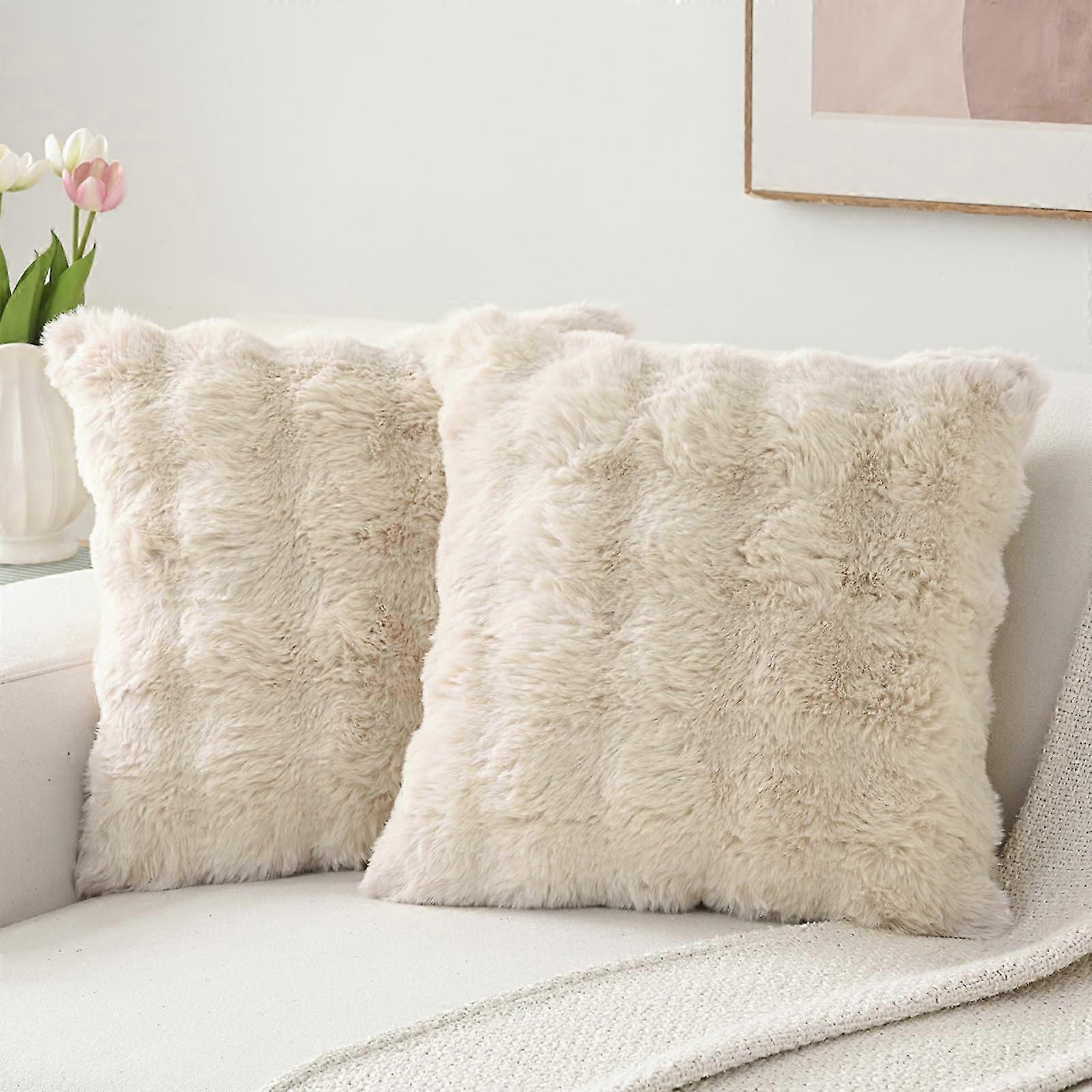 2 Pack Thick Plush Faux Wool Beige Soft Fluffy Throw Pillow Covers for Sofa 18x18 Inch