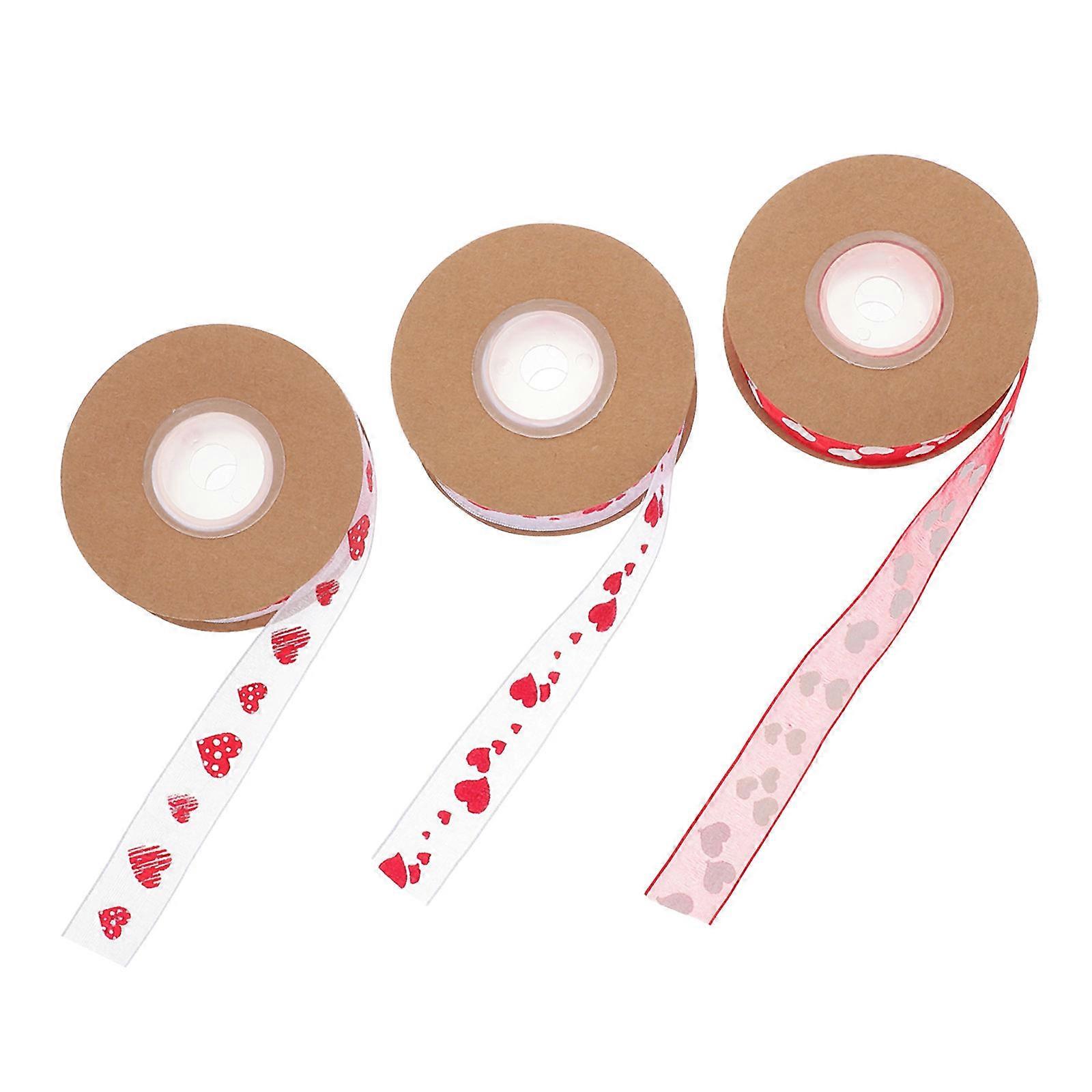 present Wrapping Ribbon With Heart Print For Valentine's Day Diy Crafts 3 Rolls Polyester