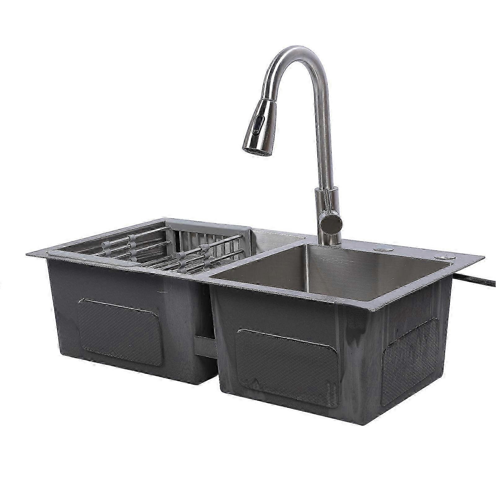 304 Stainless Steel Drop-In Kitchen Sink Kit with Pull-Out Faucet - 3 Hole Double Bowl Sink, Drain Basket & Soap Dispenser Included