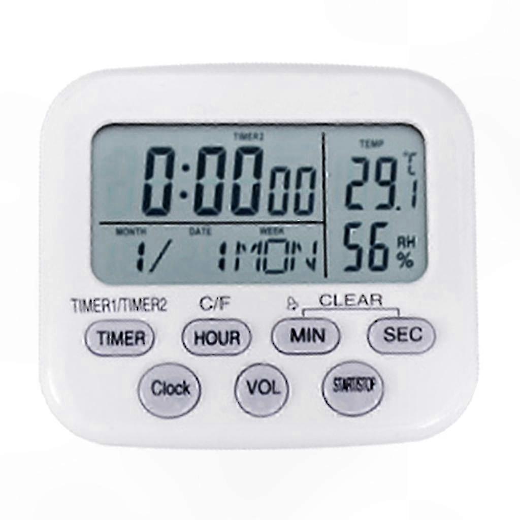 Digital Electronic Device with Timer, Thermometer, Hygrometer, Alarm Clock, and Calendar Functionality in White