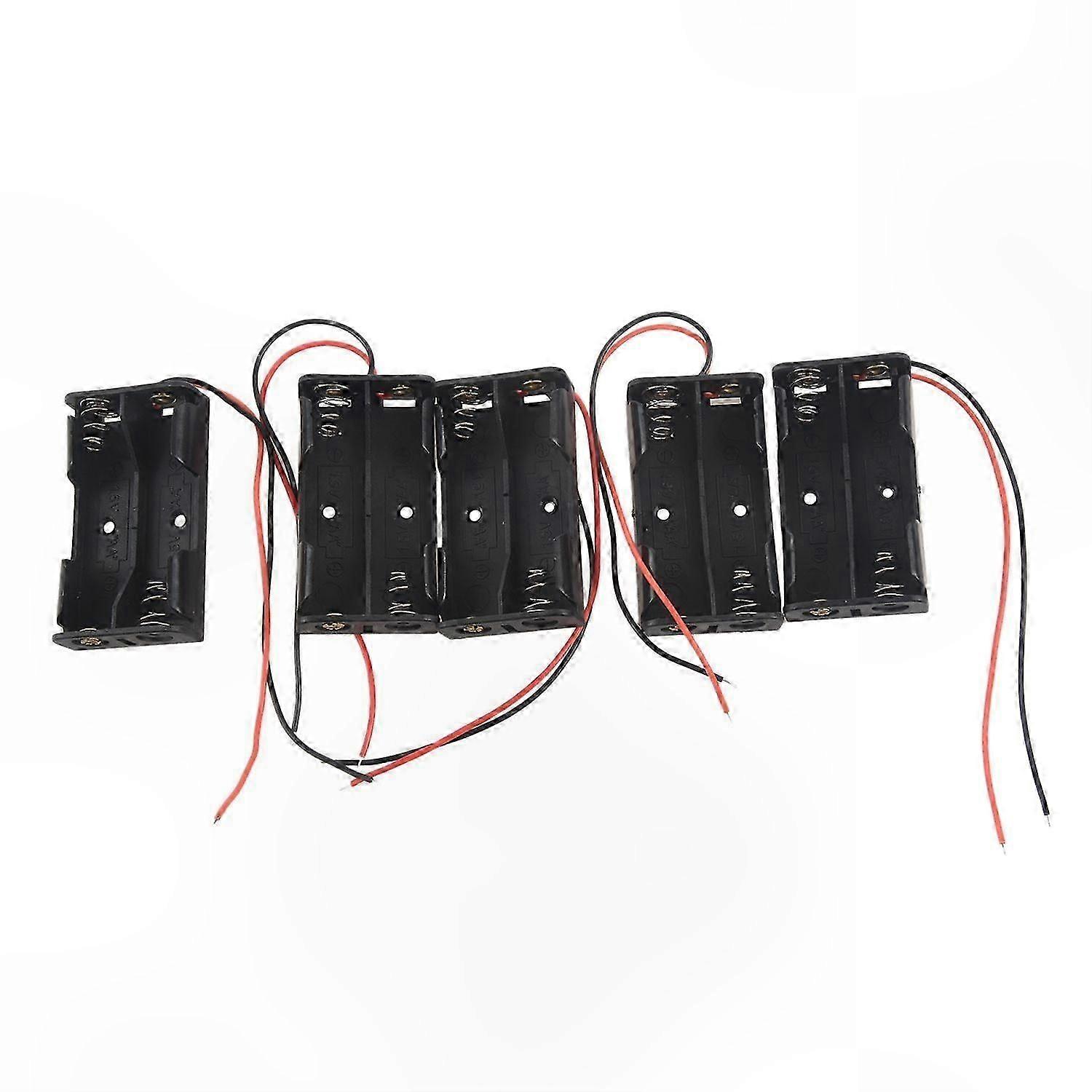 5-Pack Battery Holder for 2 AA Cells with Wire Leads, Black Case Box
