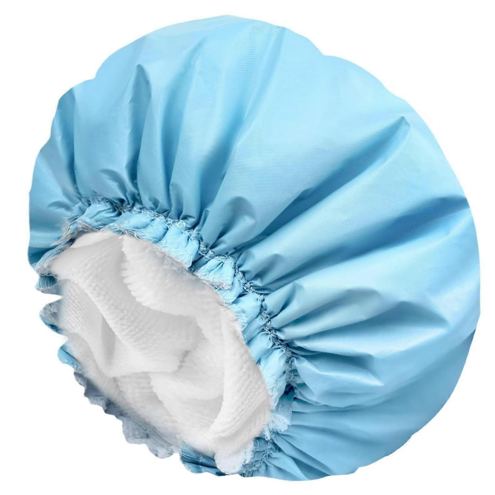 ThreeInOne Microfiber Shower Cap Terry Lined Double Layer Waterproof Reusable For Women Large Blue